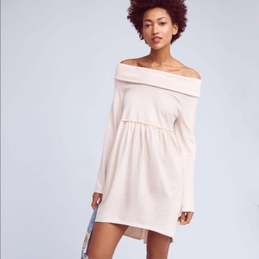 Anthropologie Cream Off the Shoulder Sweater Dress
